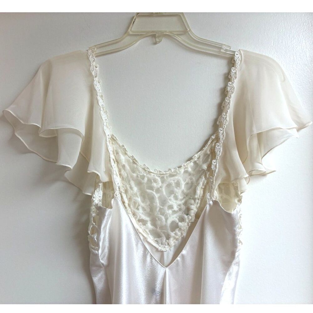 Vtg 80s Bridal Nightgown S Ivory Satin Lace Slip Dress Roses Paulines Trousseau - Picture 3 of 8